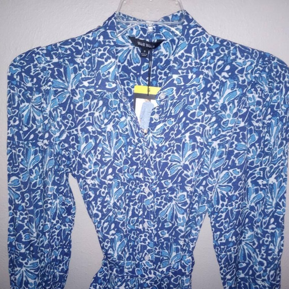 Well Worn Women's Size Small Blue Crepe Tie-Belt Long Sleeves Button Dress NWT - Picture 3 of 5